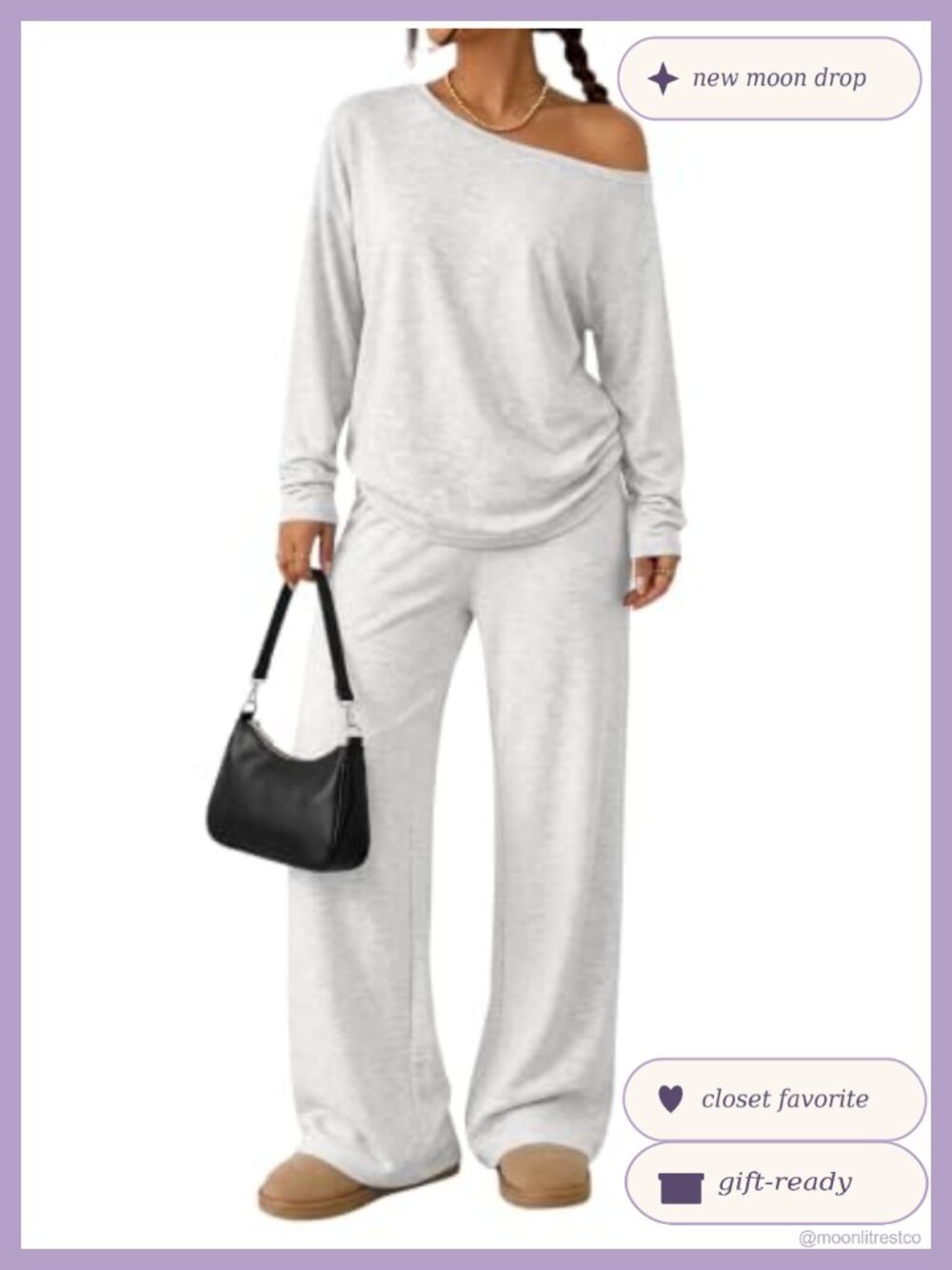 2 Piece Lounge Set Off Shoulder Oversized Top Wide Leg Pants Rayon Spandex